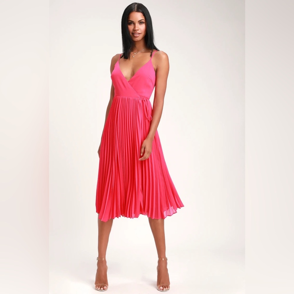 Lulus Fuschia Pleated Wrap Midi Dress NWT
